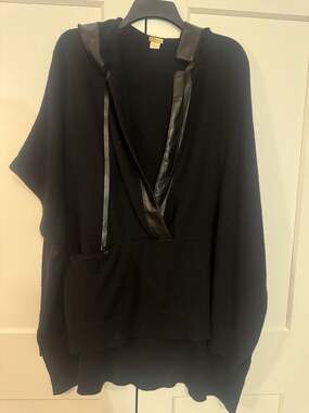 Zoe Couture Wool Cashmere Hooded Poncho with Leather Trim O/S